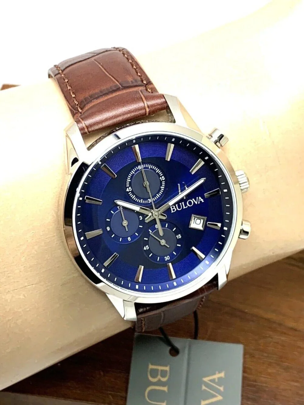 Bulova Men's Watch 96B402 Chronograph Quartz Blue Dial Brown Leather Strap 41mm